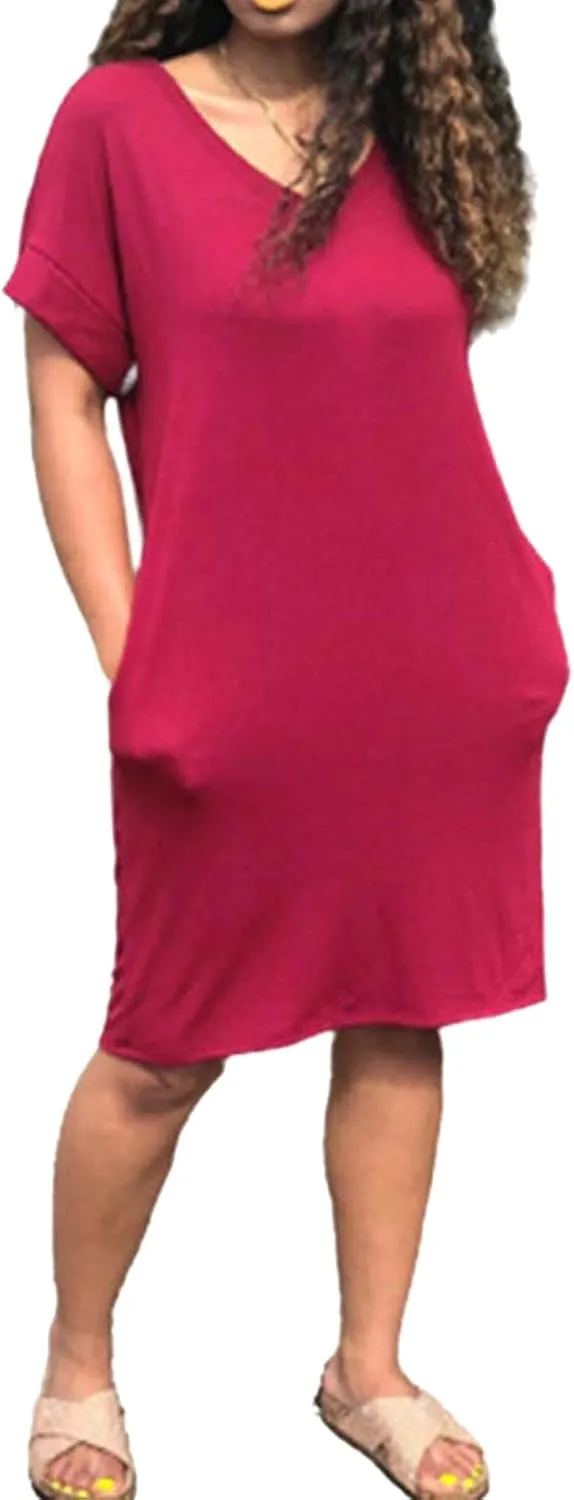 Midi Dresses for Women V Neck Short Sleeve Tshirt Dress with Pockets Casual Solid Maternity Dress Summer Dresses