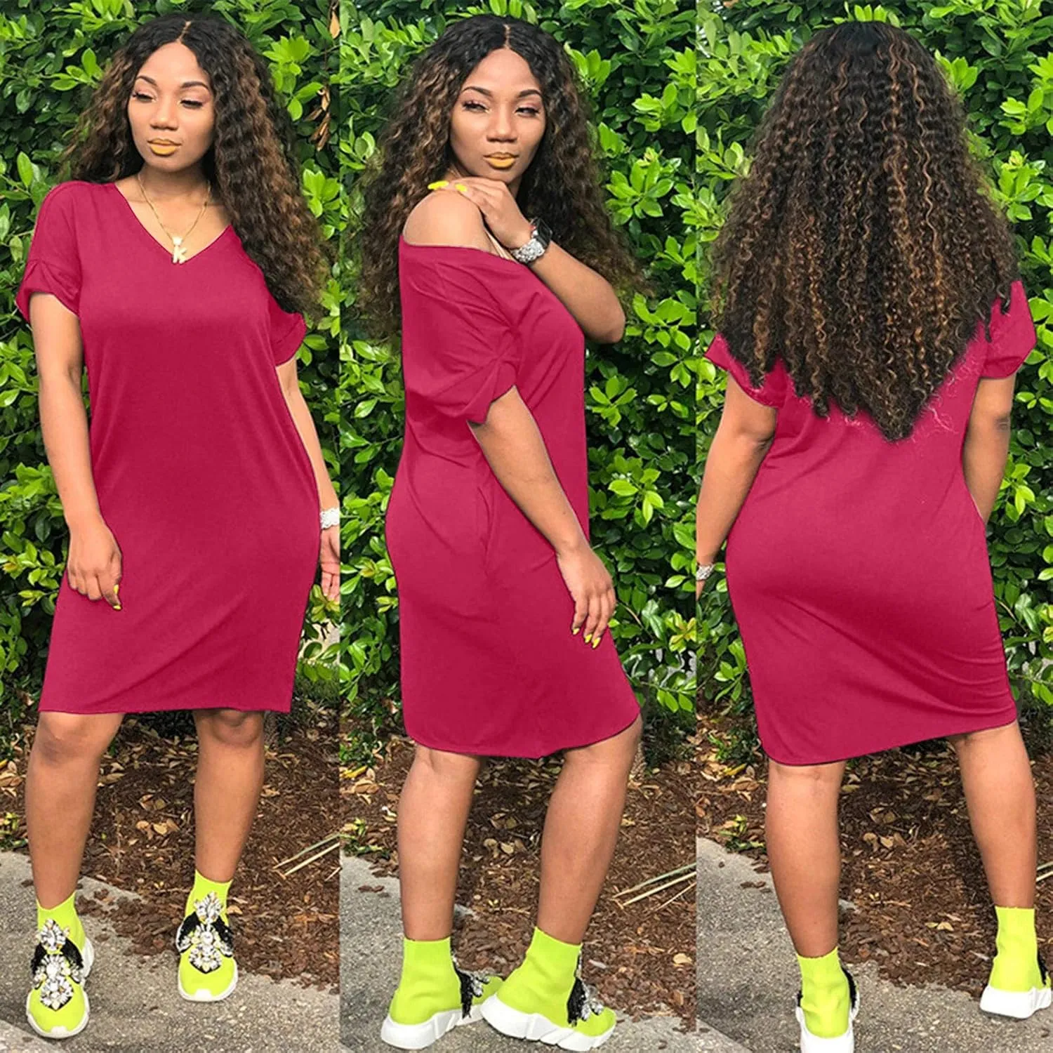 Midi Dresses for Women V Neck Short Sleeve Tshirt Dress with Pockets Casual Solid Maternity Dress Summer Dresses
