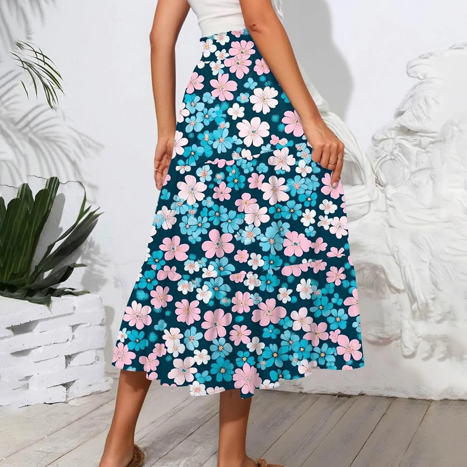 Midi Skirts for Women 2025 Boho Floral Skirts High Elastic Waisted A Line Tiered Ruffle Skirt Flowy Skorts with Pockets