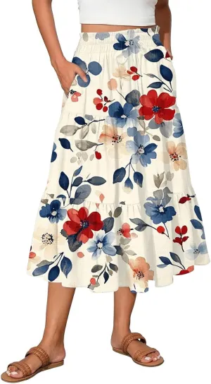 Midi Skirts for Women 2025 Boho Floral Skirts High Elastic Waisted A Line Tiered Ruffle Skirt Flowy Skorts with Pockets