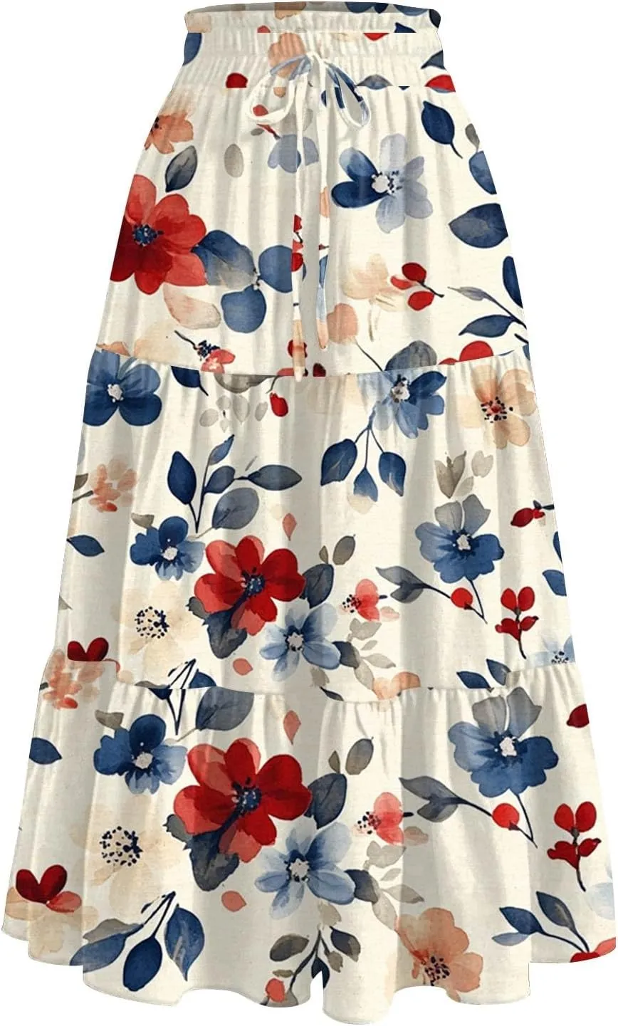 Midi Skirts for Women 2025 Boho Floral Skirts High Elastic Waisted A Line Tiered Ruffle Skirt Flowy Skorts with Pockets