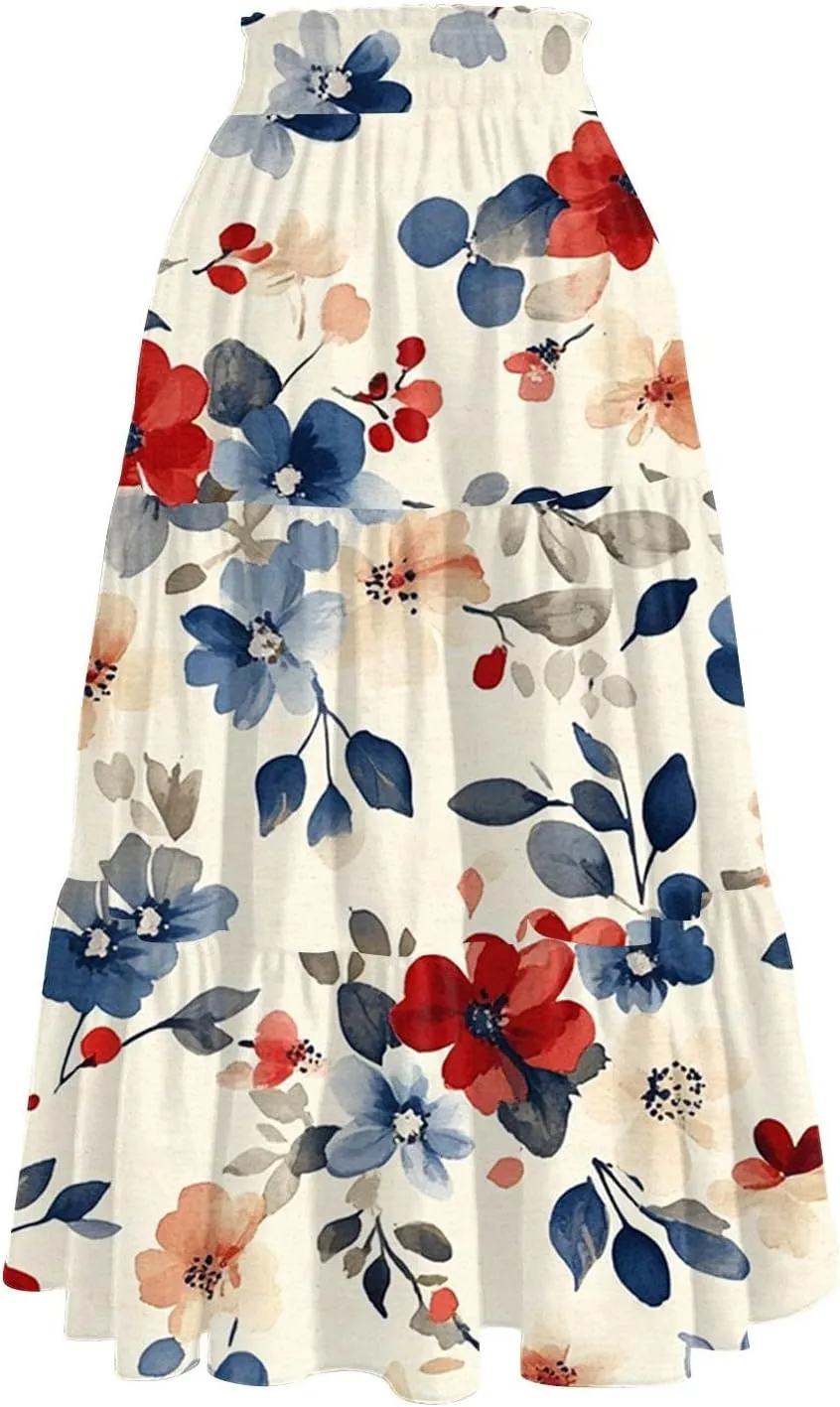 Midi Skirts for Women 2025 Boho Floral Skirts High Elastic Waisted A Line Tiered Ruffle Skirt Flowy Skorts with Pockets