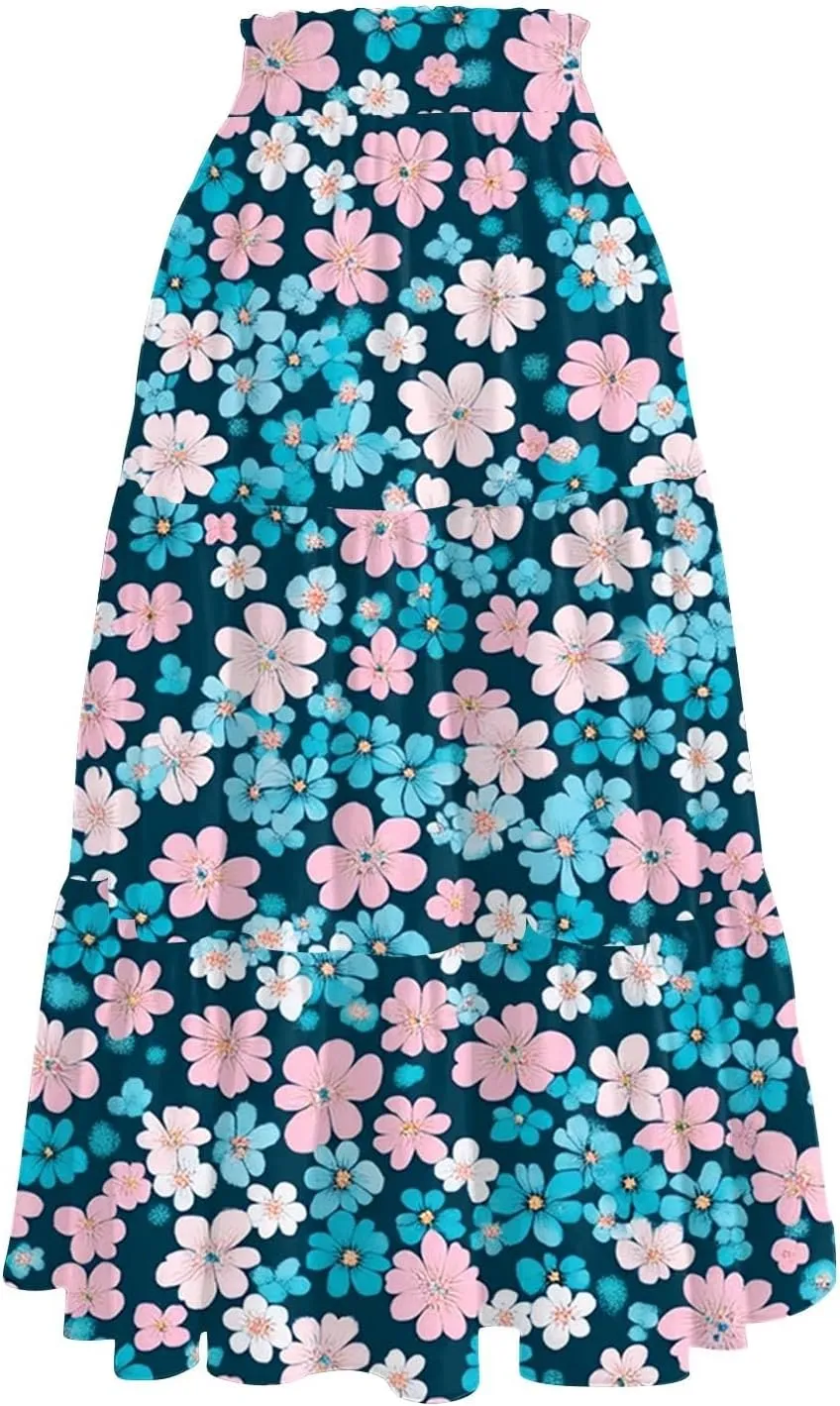 Midi Skirts for Women 2025 Boho Floral Skirts High Elastic Waisted A Line Tiered Ruffle Skirt Flowy Skorts with Pockets