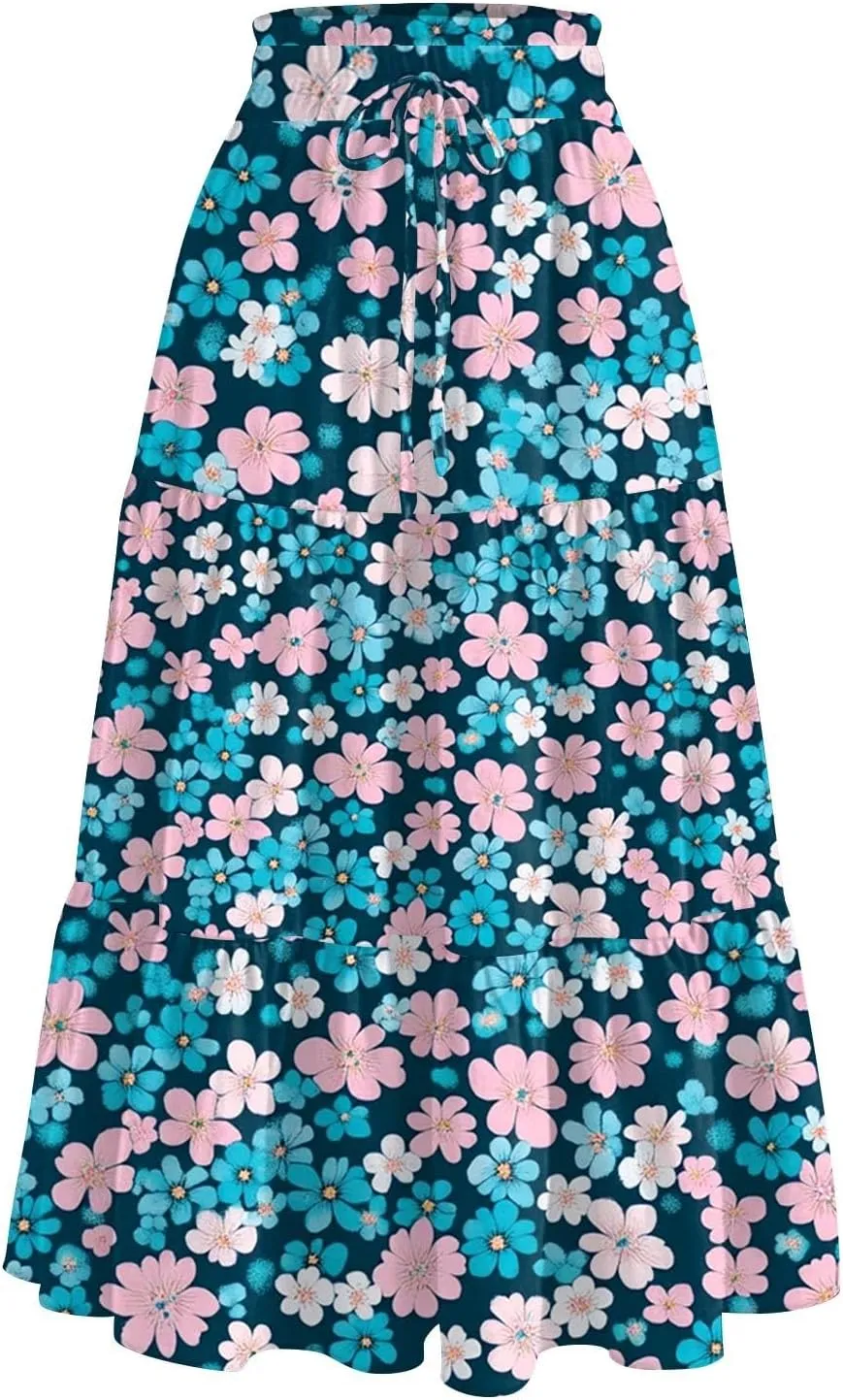 Midi Skirts for Women 2025 Boho Floral Skirts High Elastic Waisted A Line Tiered Ruffle Skirt Flowy Skorts with Pockets