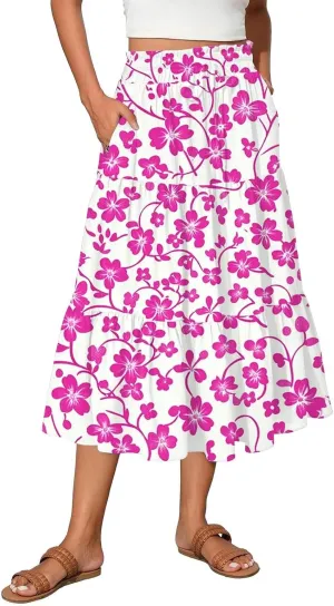 Midi Skirts for Women 2025 Boho Floral Skirts High Elastic Waisted A Line Tiered Ruffle Skirt Flowy Skorts with Pockets