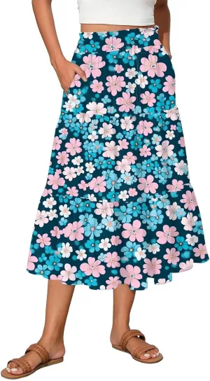 Midi Skirts for Women 2025 Boho Floral Skirts High Elastic Waisted A Line Tiered Ruffle Skirt Flowy Skorts with Pockets