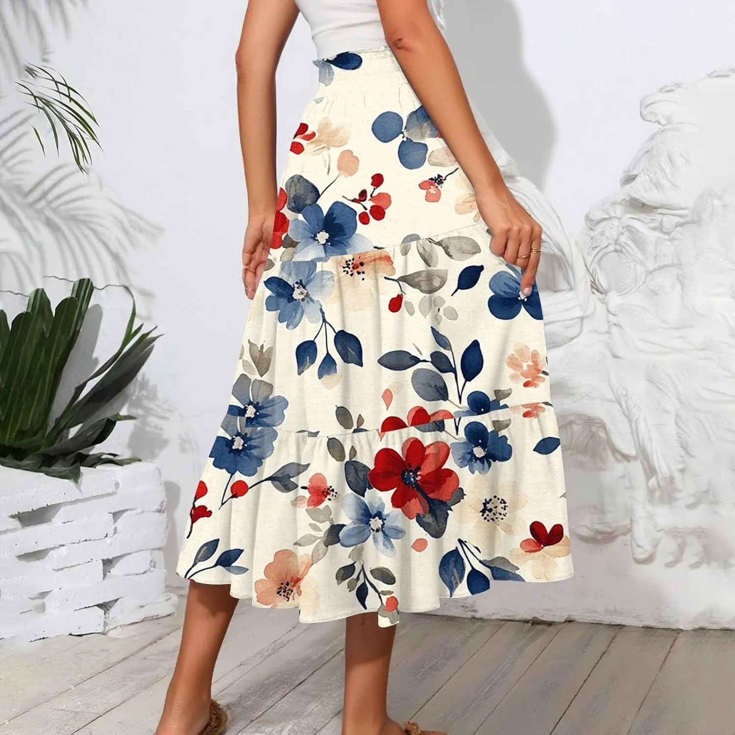 Midi Skirts for Women 2025 Boho Floral Skirts High Elastic Waisted A Line Tiered Ruffle Skirt Flowy Skorts with Pockets