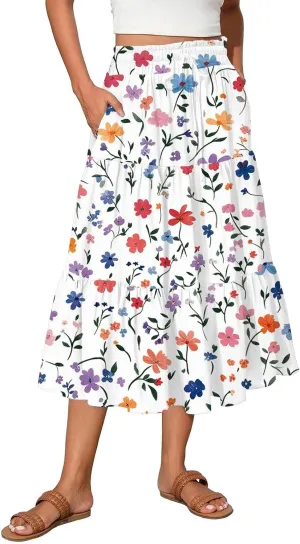 Midi Skirts for Women 2025 Boho Floral Skirts High Elastic Waisted Tiered Ruffle Skirt Flowy A Line Skorts with Pockets