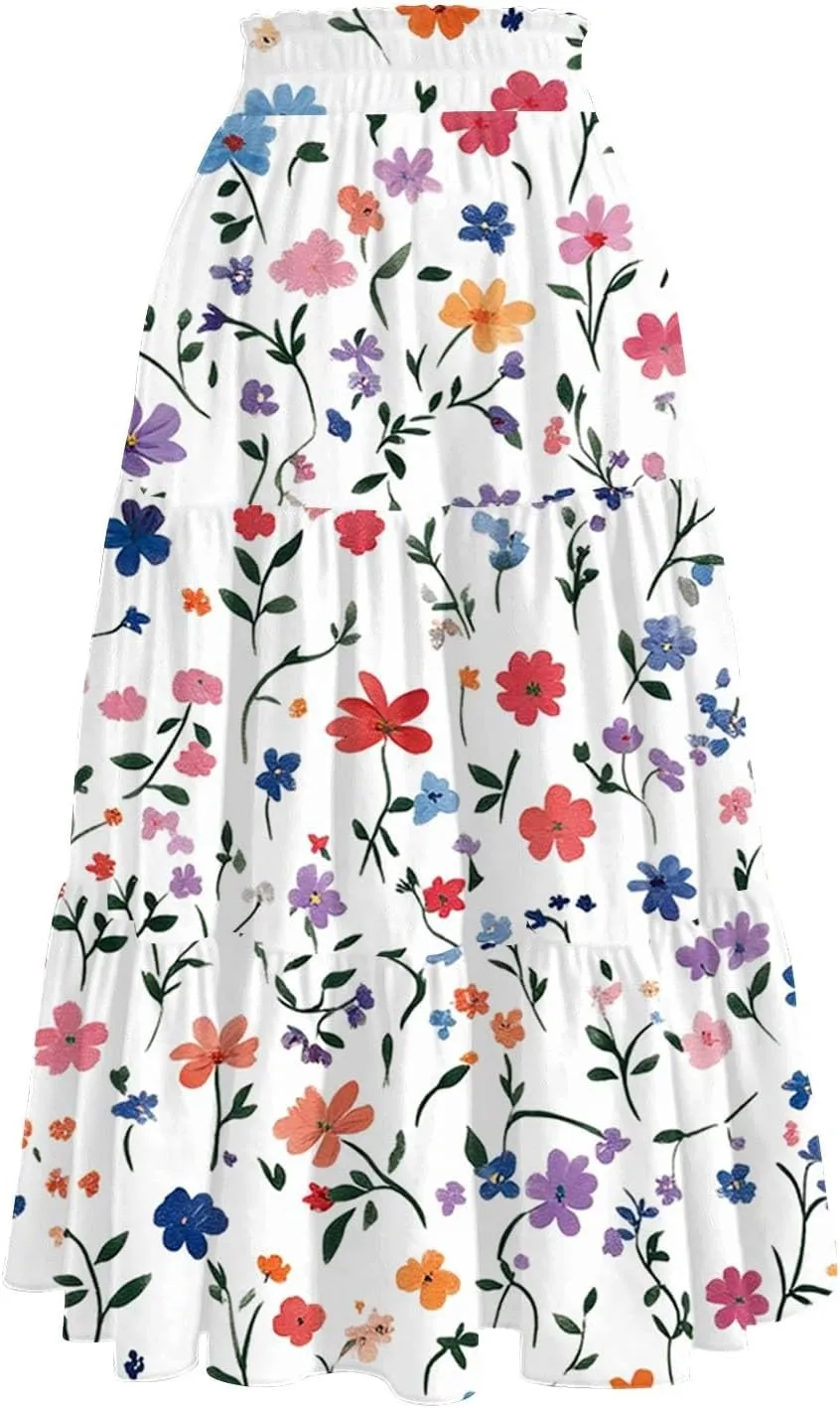 Midi Skirts for Women 2025 Boho Floral Skirts High Elastic Waisted Tiered Ruffle Skirt Flowy A Line Skorts with Pockets