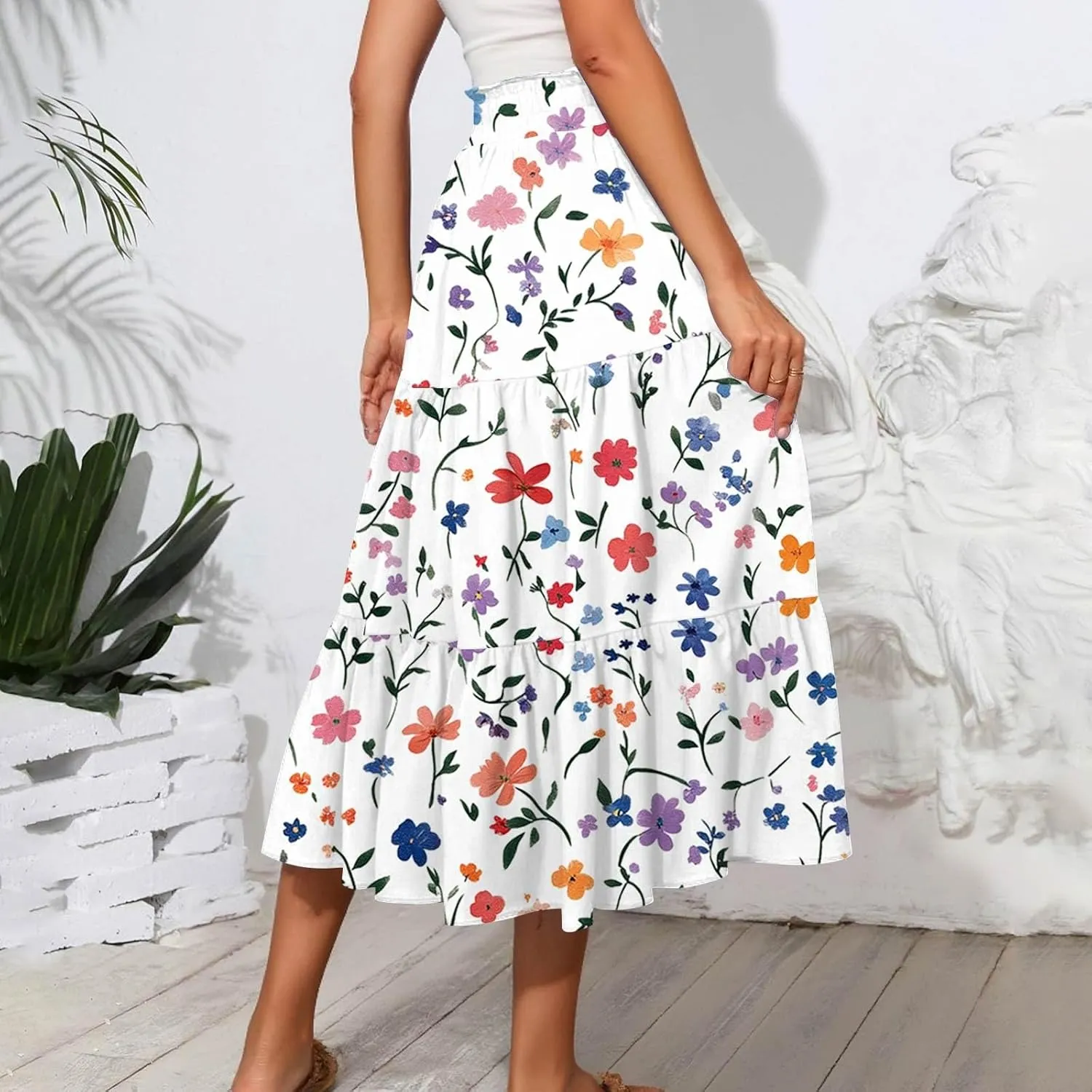 Midi Skirts for Women 2025 Boho Floral Skirts High Elastic Waisted Tiered Ruffle Skirt Flowy A Line Skorts with Pockets