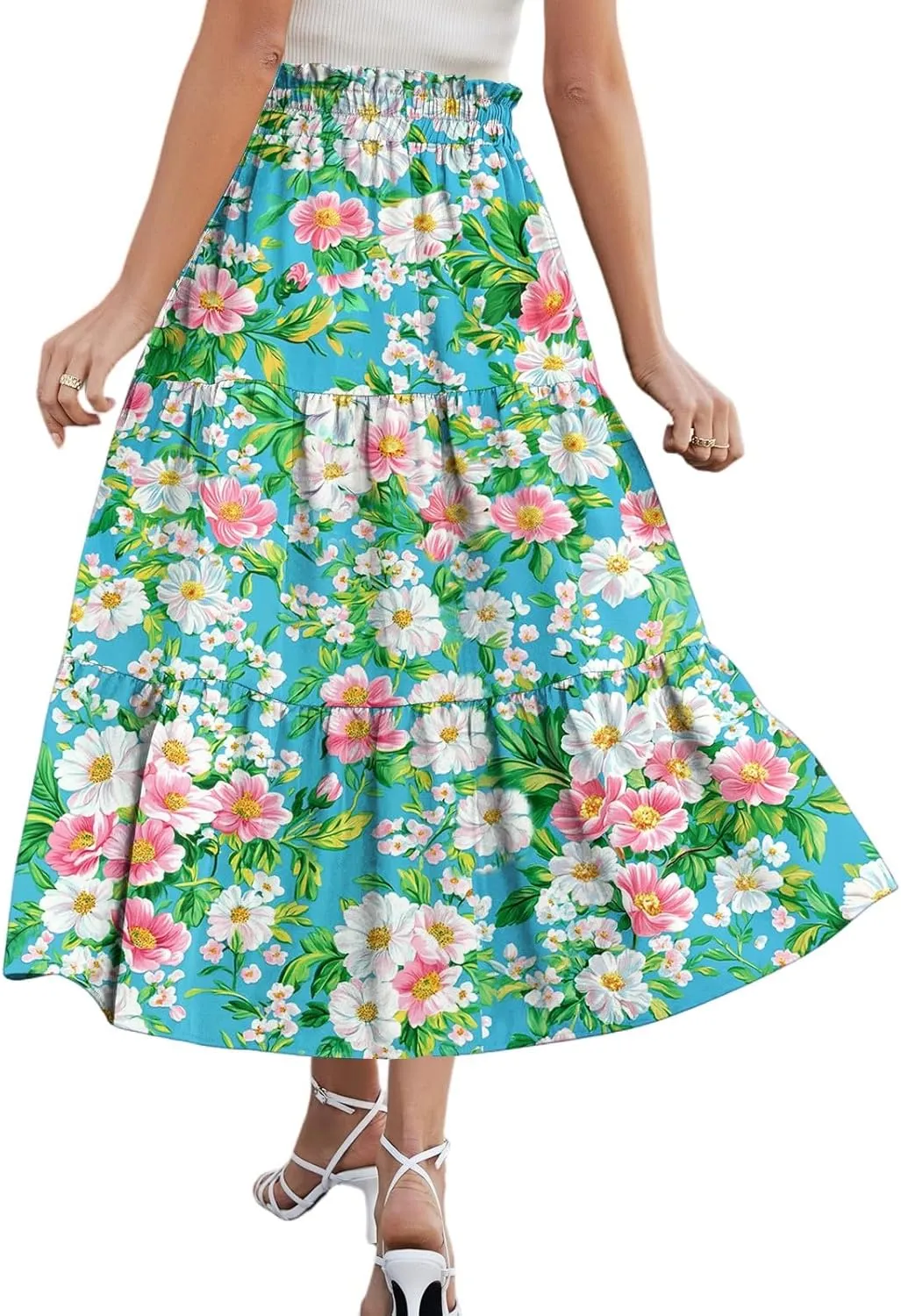 Midi Skirts for Women 2025 Boho Floral Skirts Tiered Ruffle Skirt Flowy A Line High Elastic Waisted Skorts with Pockets