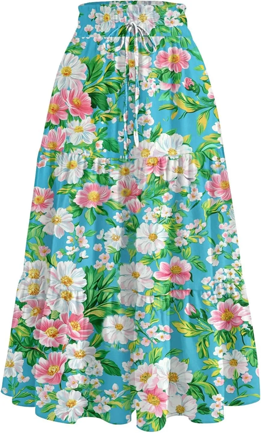 Midi Skirts for Women 2025 Boho Floral Skirts Tiered Ruffle Skirt Flowy A Line High Elastic Waisted Skorts with Pockets