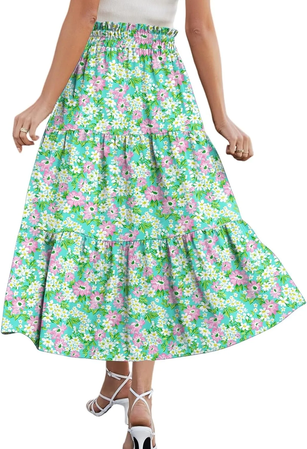 Midi Skirts for Women 2025 Boho Floral Skirts Tiered Ruffle Skirt Flowy A Line High Elastic Waisted Skorts with Pockets