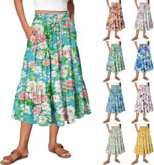 Midi Skirts for Women 2025 Boho Floral Skirts Tiered Ruffle Skirt Flowy A Line High Elastic Waisted Skorts with Pockets