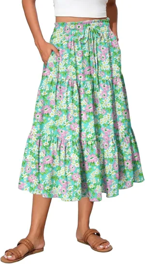 Midi Skirts for Women 2025 Boho Floral Skirts Tiered Ruffle Skirt Flowy A Line High Elastic Waisted Skorts with Pockets