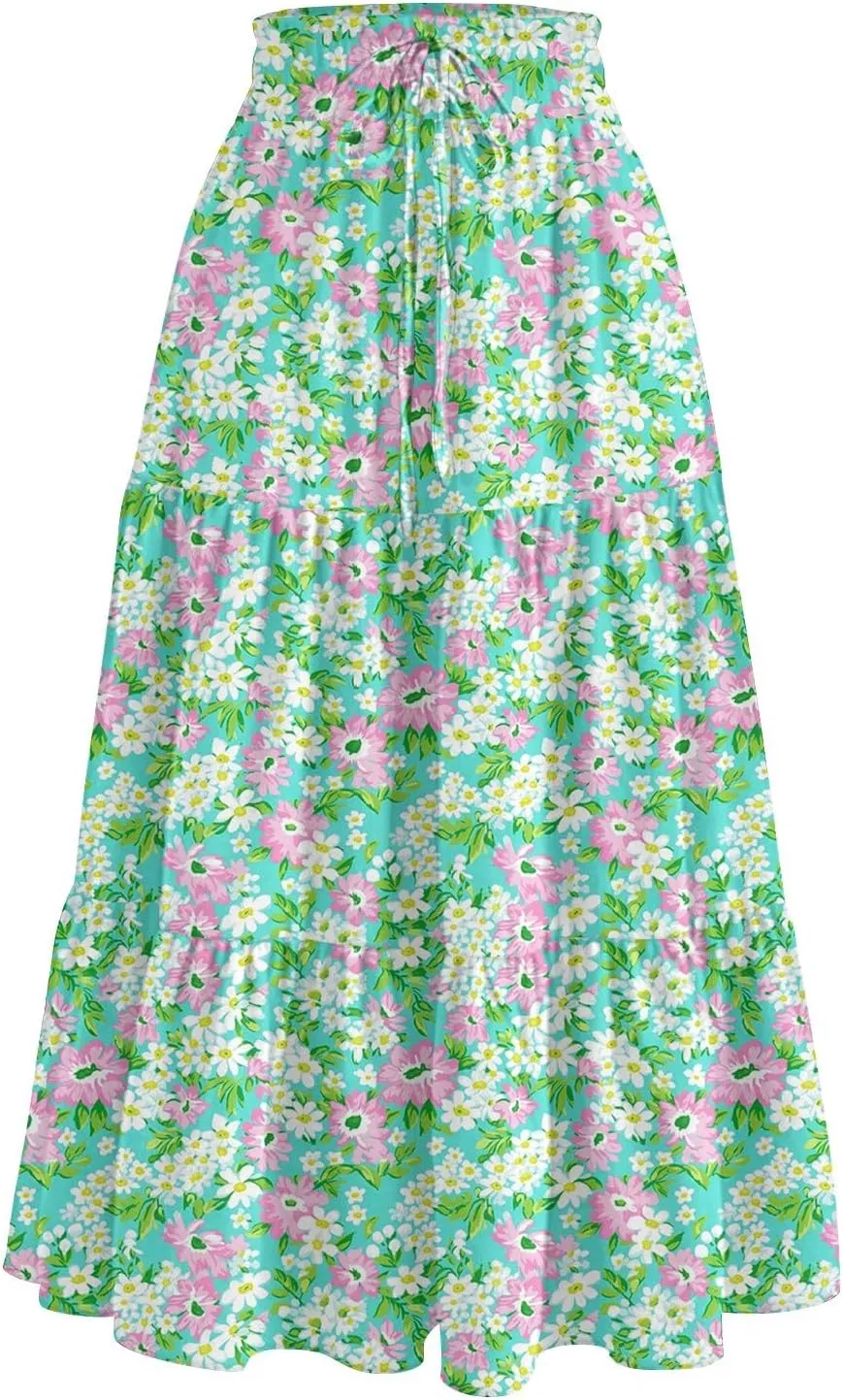 Midi Skirts for Women 2025 Boho Floral Skirts Tiered Ruffle Skirt Flowy A Line High Elastic Waisted Skorts with Pockets