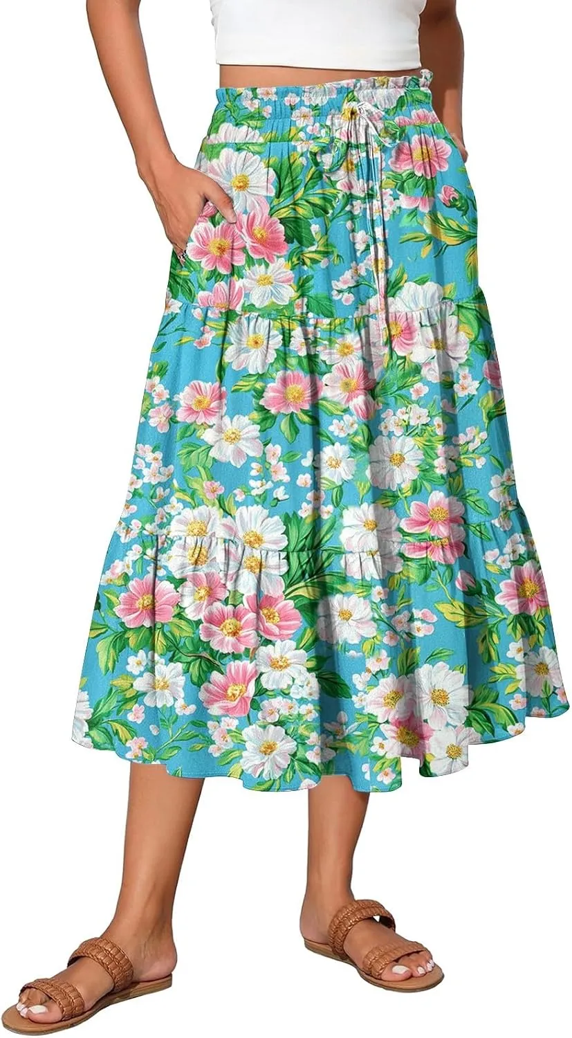 Midi Skirts for Women 2025 Boho Floral Skirts Tiered Ruffle Skirt Flowy A Line High Elastic Waisted Skorts with Pockets