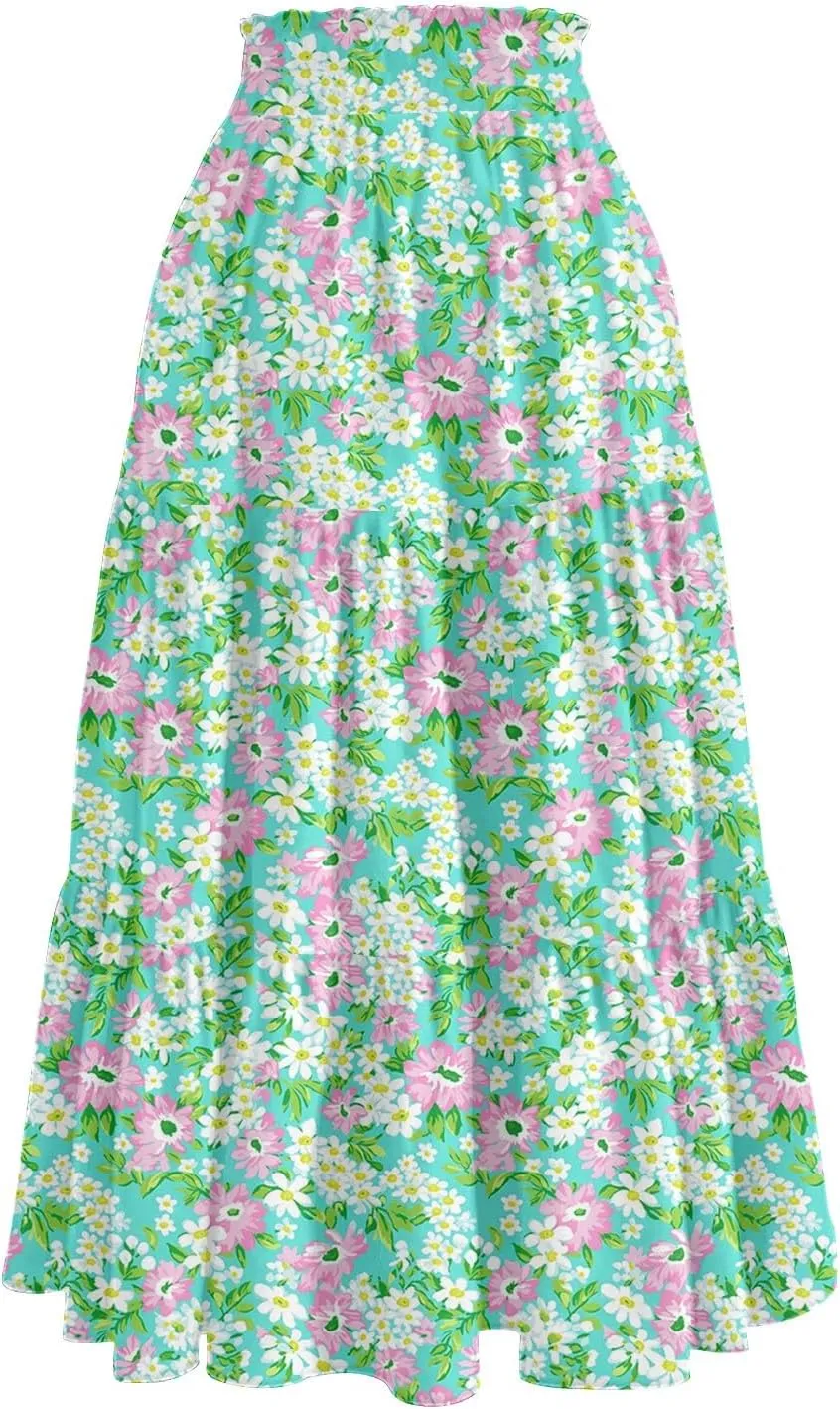 Midi Skirts for Women 2025 Boho Floral Skirts Tiered Ruffle Skirt Flowy A Line High Elastic Waisted Skorts with Pockets