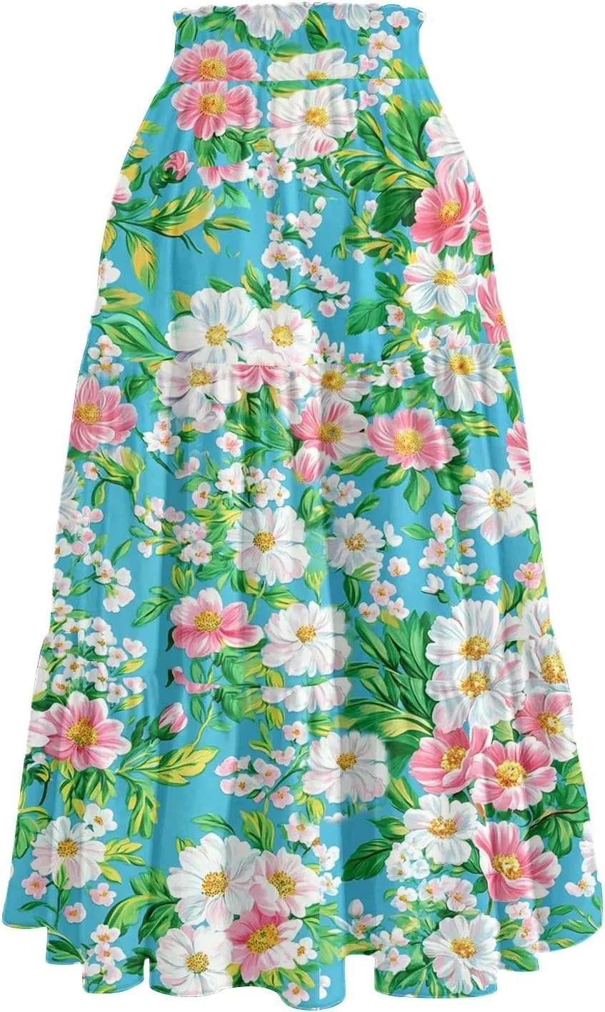 Midi Skirts for Women 2025 Boho Floral Skirts Tiered Ruffle Skirt Flowy A Line High Elastic Waisted Skorts with Pockets
