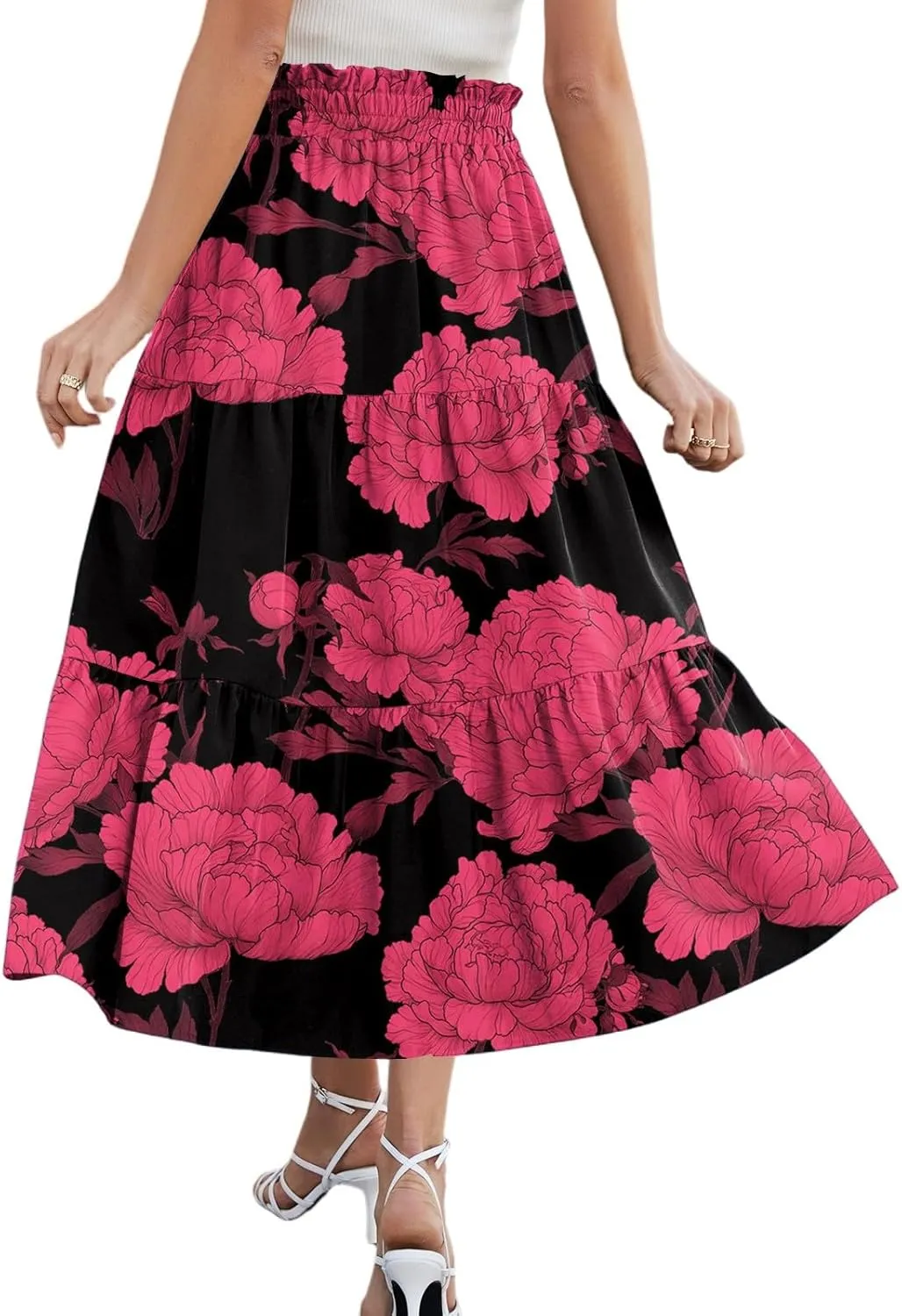 Midi Skirts for Women 2025 High Elastic Waisted Tiered Ruffle Skirt Flowy A Line Boho Floral Skirts Skorts with Pockets