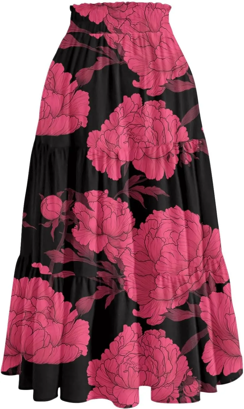 Midi Skirts for Women 2025 High Elastic Waisted Tiered Ruffle Skirt Flowy A Line Boho Floral Skirts Skorts with Pockets