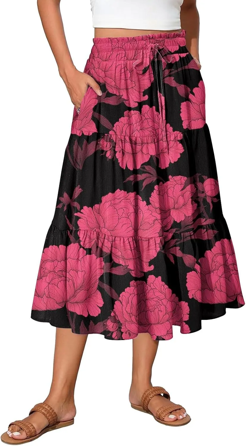Midi Skirts for Women 2025 High Elastic Waisted Tiered Ruffle Skirt Flowy A Line Boho Floral Skirts Skorts with Pockets