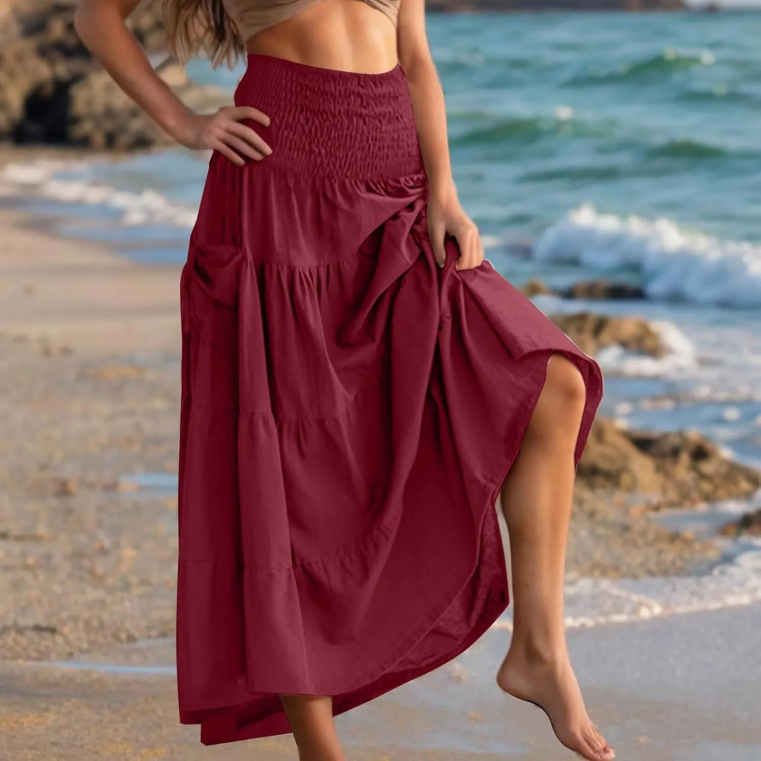 Midi Skirts for Women Pleated Tiered Long Flowy Skirt Elastic Waist Summer Boho Casual Loose Layered Ruffle Skirt