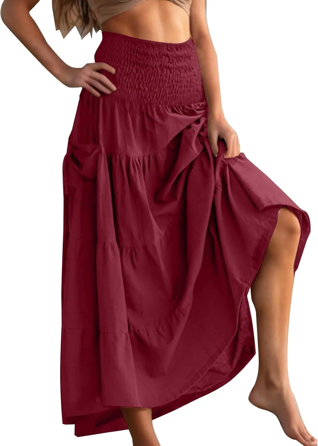 Midi Skirts for Women Pleated Tiered Long Flowy Skirt Elastic Waist Summer Boho Casual Loose Layered Ruffle Skirt