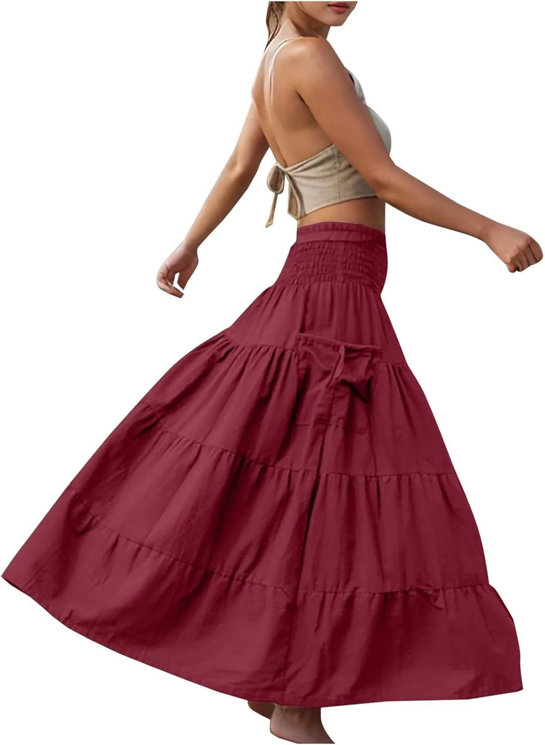 Midi Skirts for Women Pleated Tiered Long Flowy Skirt Elastic Waist Summer Boho Casual Loose Layered Ruffle Skirt