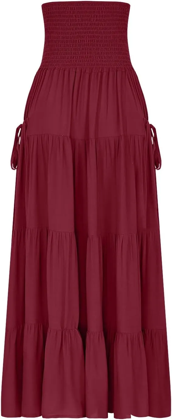 Midi Skirts for Women Pleated Tiered Long Flowy Skirt Elastic Waist Summer Boho Casual Loose Layered Ruffle Skirt