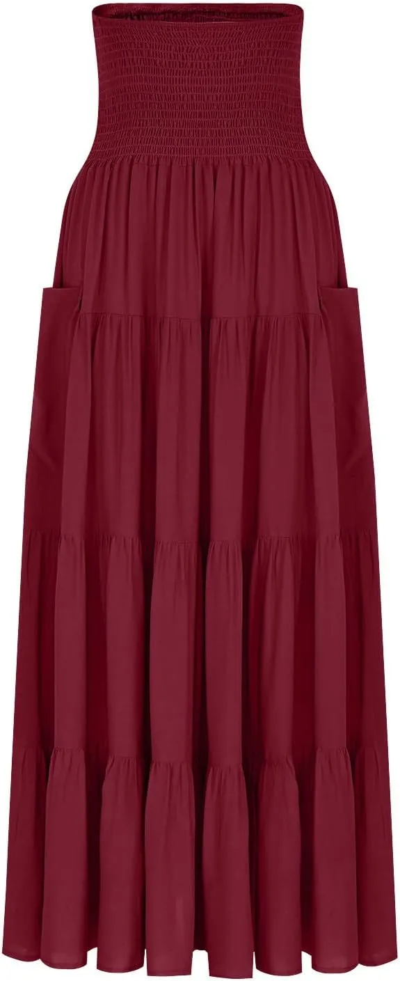 Midi Skirts for Women Pleated Tiered Long Flowy Skirt Elastic Waist Summer Boho Casual Loose Layered Ruffle Skirt