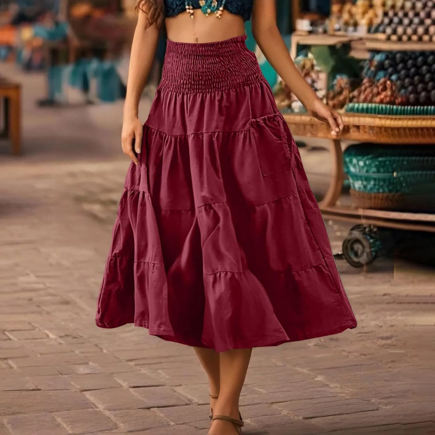 Midi Skirts for Women Pleated Tiered Long Flowy Skirt Elastic Waist Summer Boho Casual Loose Layered Ruffle Skirt