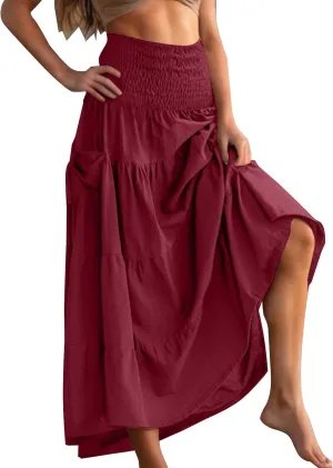 Midi Skirts for Women Pleated Tiered Long Flowy Skirt Elastic Waist Summer Boho Casual Loose Layered Ruffle Skirt