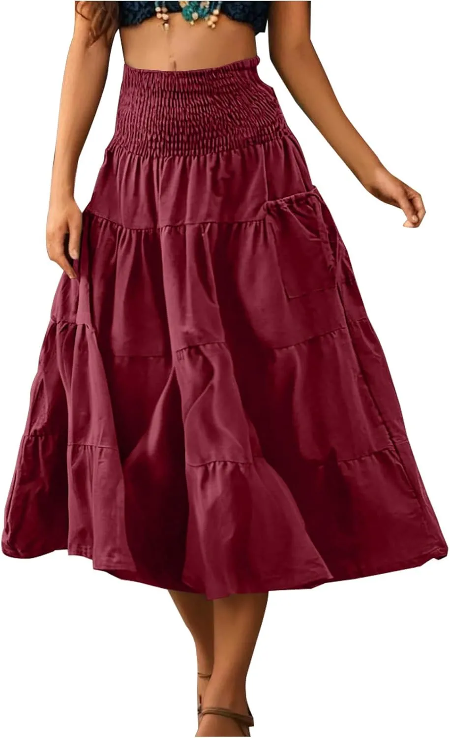 Midi Skirts for Women Pleated Tiered Long Flowy Skirt Elastic Waist Summer Boho Casual Loose Layered Ruffle Skirt