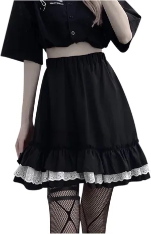 Mini Skirt Summer Women High Elastic Waist Lace Black Mini Skirts Punk Gothic Pleated Skirt Cute Girl Ruffle