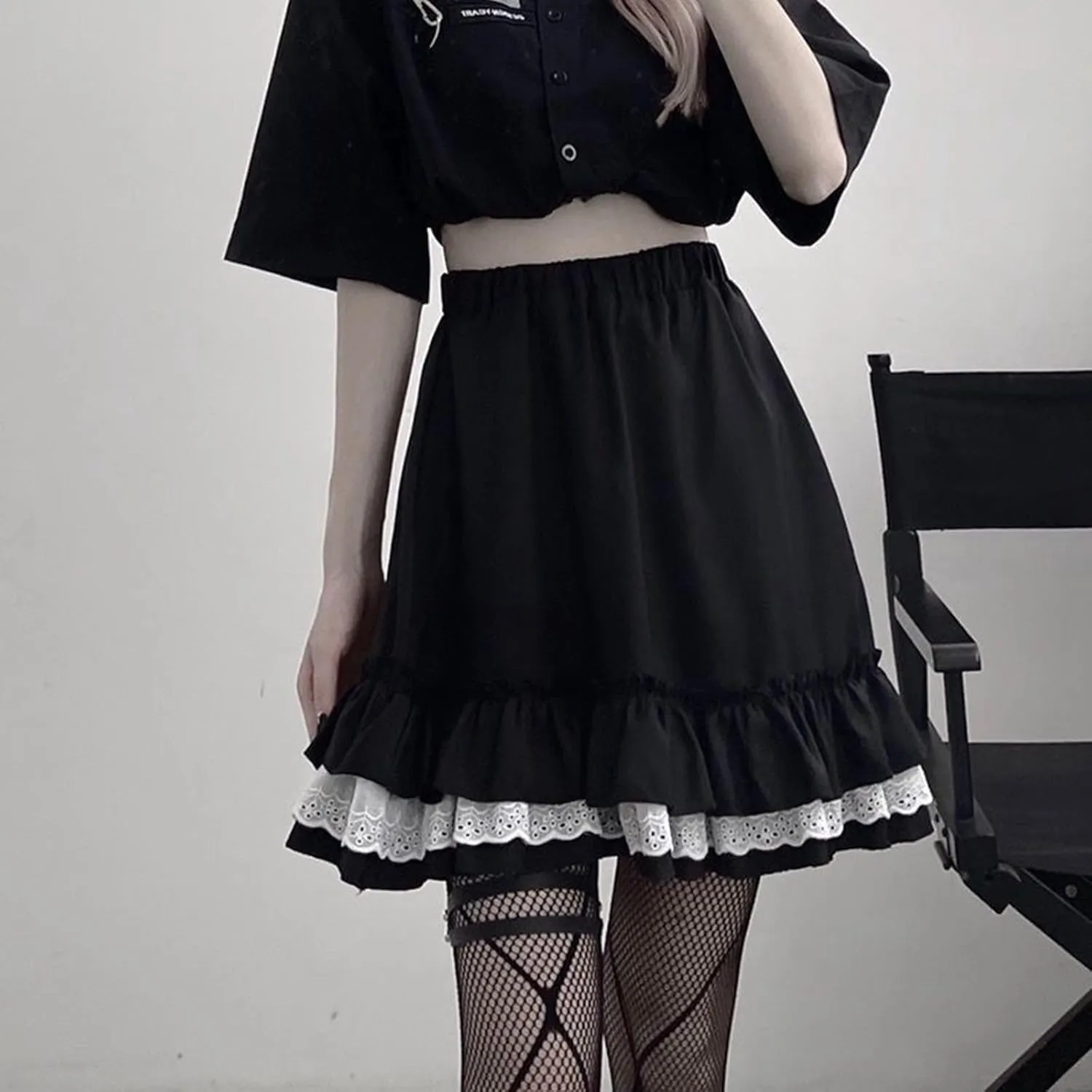Mini Skirt Summer Women High Elastic Waist Lace Black Mini Skirts Punk Gothic Pleated Skirt Cute Girl Ruffle