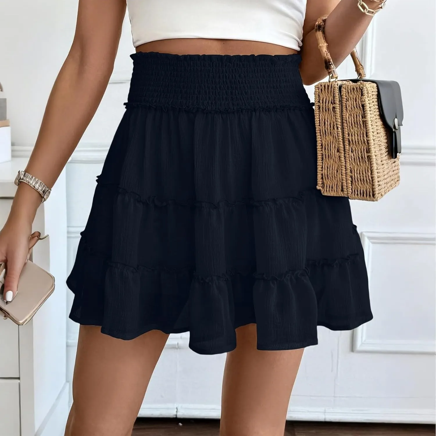 Mini Skirt with Shorts Underneath Chiffon Smocked High Waisted Ruffle Skort Short Summer Flowy Casual Golf Tennis Skorts