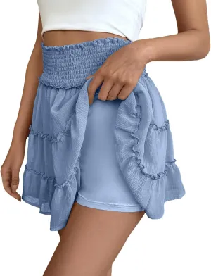 Mini Skirt with Shorts Underneath Chiffon Smocked High Waisted Ruffle Skort Short Summer Flowy Casual Golf Tennis Skorts
