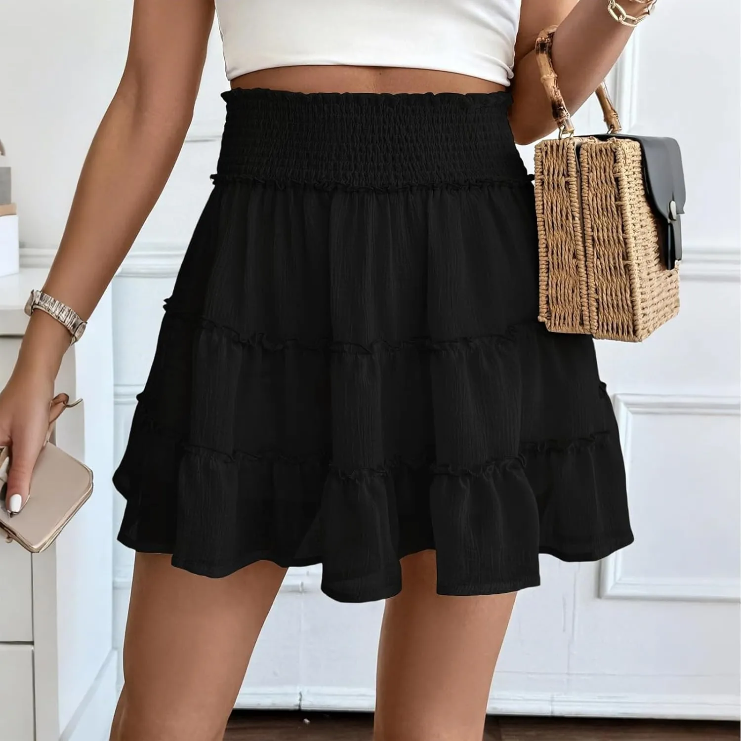 Mini Skirt with Shorts Underneath Chiffon Smocked High Waisted Ruffle Skort Short Summer Flowy Casual Golf Tennis Skorts