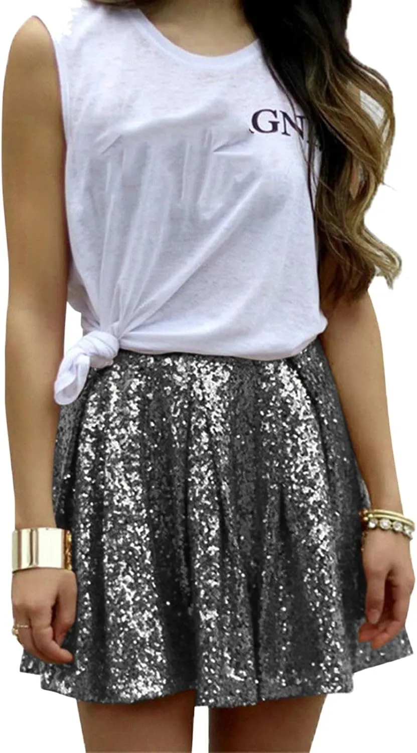 Mini Skirt Women's Fashion High Waist Pleated Solid Color Short Skirt Loose Sequin Skirt Flowy Sexy Mini Skirt