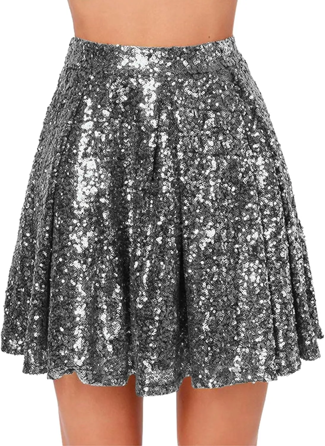 Mini Skirt Women's Fashion High Waist Pleated Solid Color Short Skirt Loose Sequin Skirt Flowy Sexy Mini Skirt