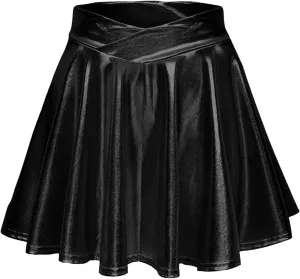 Mini Skirt Women's Fashion High Waist Pleated Solid Color Short Skirt Loose Skirt Metallic Skater Skirt Women