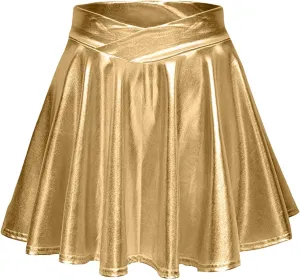 Mini Skirt Women's Fashion High Waist Pleated Solid Color Short Skirt Loose Skirt Metallic Skater Skirt Women