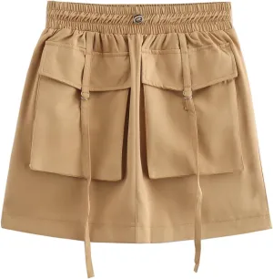 Mini Skirts for Women Cargo High Elastic Waist A-Line Loose Solid Color Workout Cargo Skirts for Summer Vacation