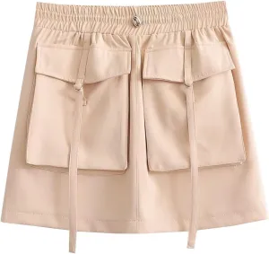 Mini Skirts for Women Cargo High Elastic Waist A-Line Loose Solid Color Workout Cargo Skirts for Summer Vacation