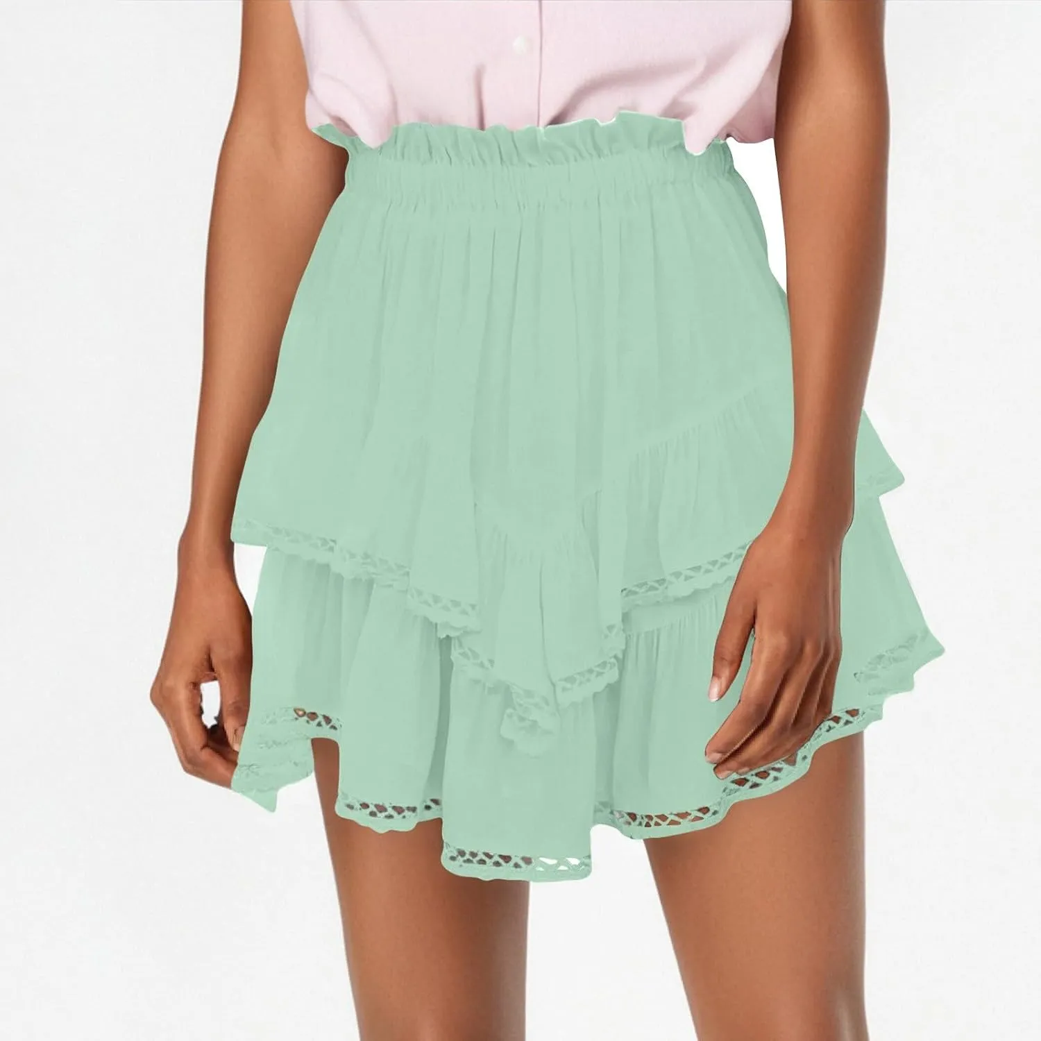 Mini Skirts for Women High Waisted Ruffled Tiered Flowy Shorts for Women Casual Boho Pleated Crochet Tennis Skorts Cute