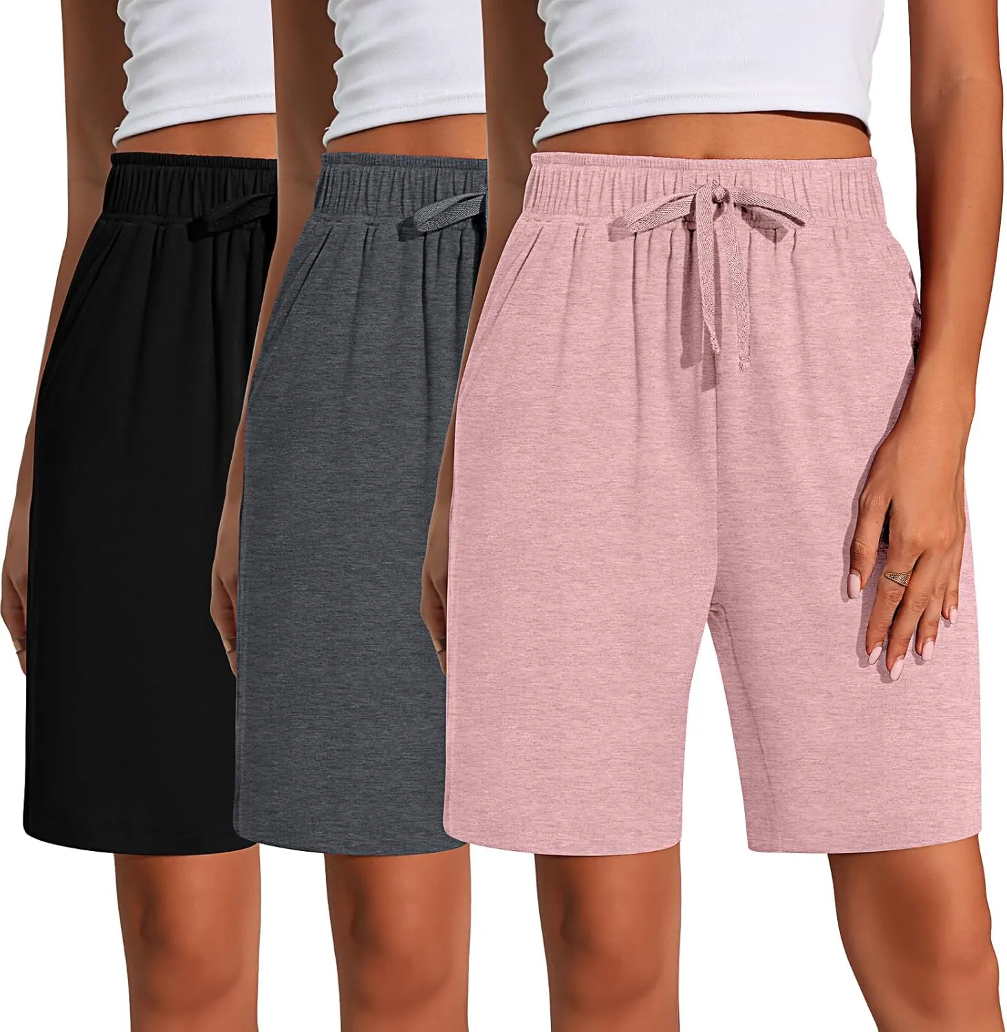 Neer 3 Pack Women's Quick Dry Shorts Women Drawstring High Waisted Bermuda Athletic Shorts with Pockets