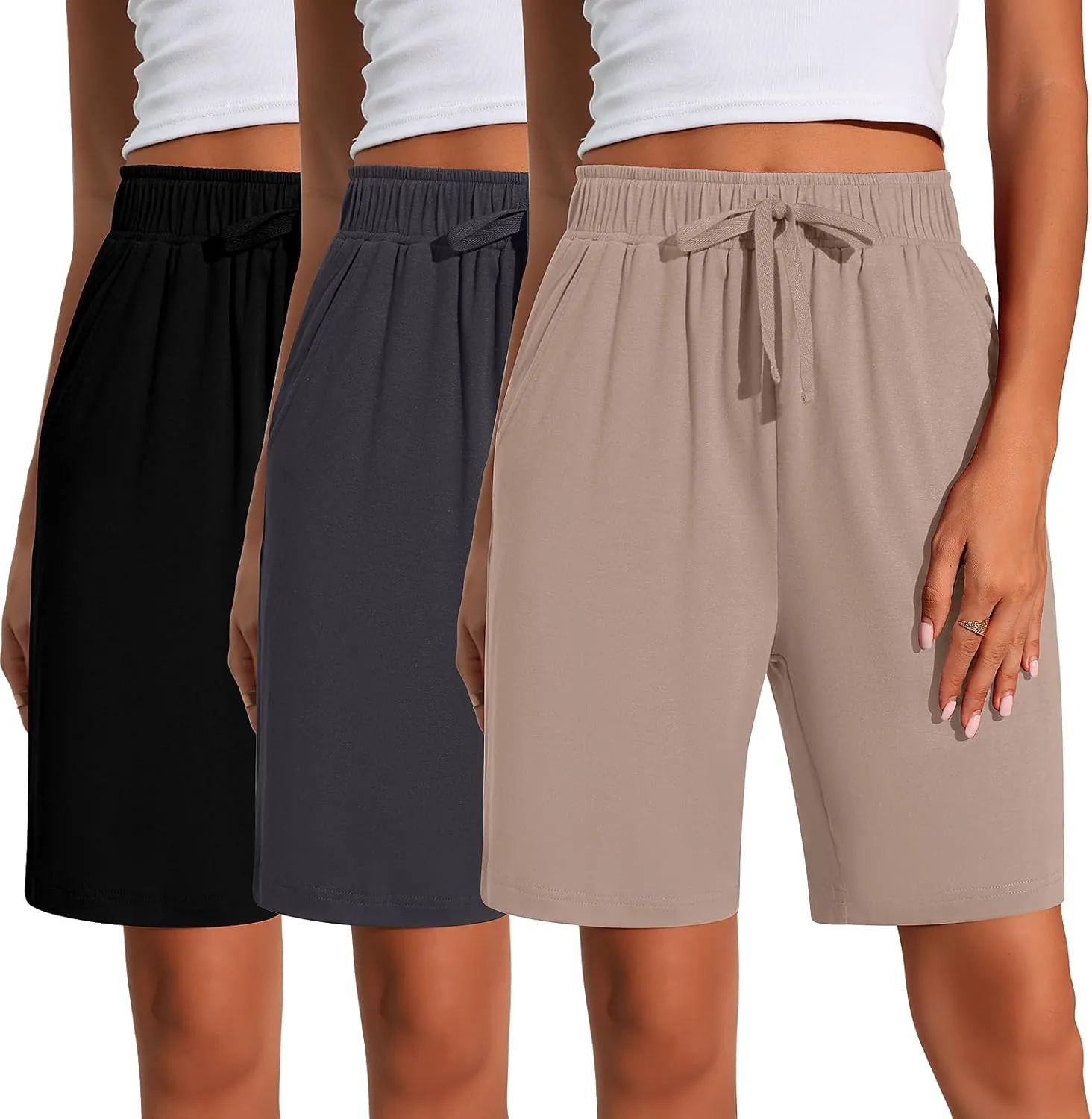 Neer 3 Pack Women's Quick Dry Shorts Women Drawstring High Waisted Bermuda Athletic Shorts with Pockets