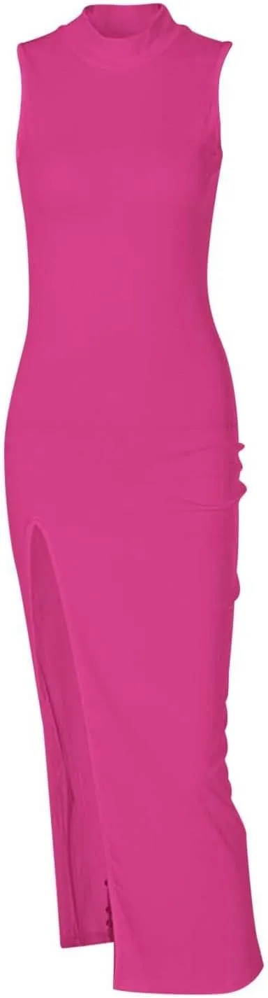 New Fashionable Women's Round Neck Sleeveless Slim Slit Midi Skirt Short Maxi Dresses for Women