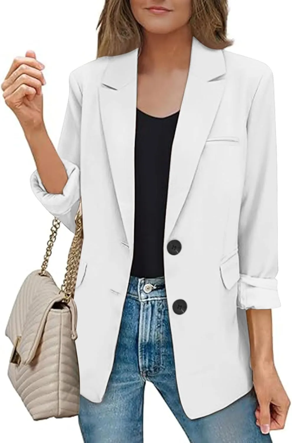 Notched Lapel Long Sleeve Blazers Women Button Up Open Front Office Work Suit Jackets Casual Loose Fit Fall Outwear